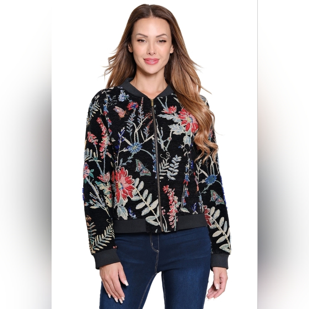 NWT $230 A.Z.I. New York Black Floral Tapestry Jacket Beaded Full Zip Linens M